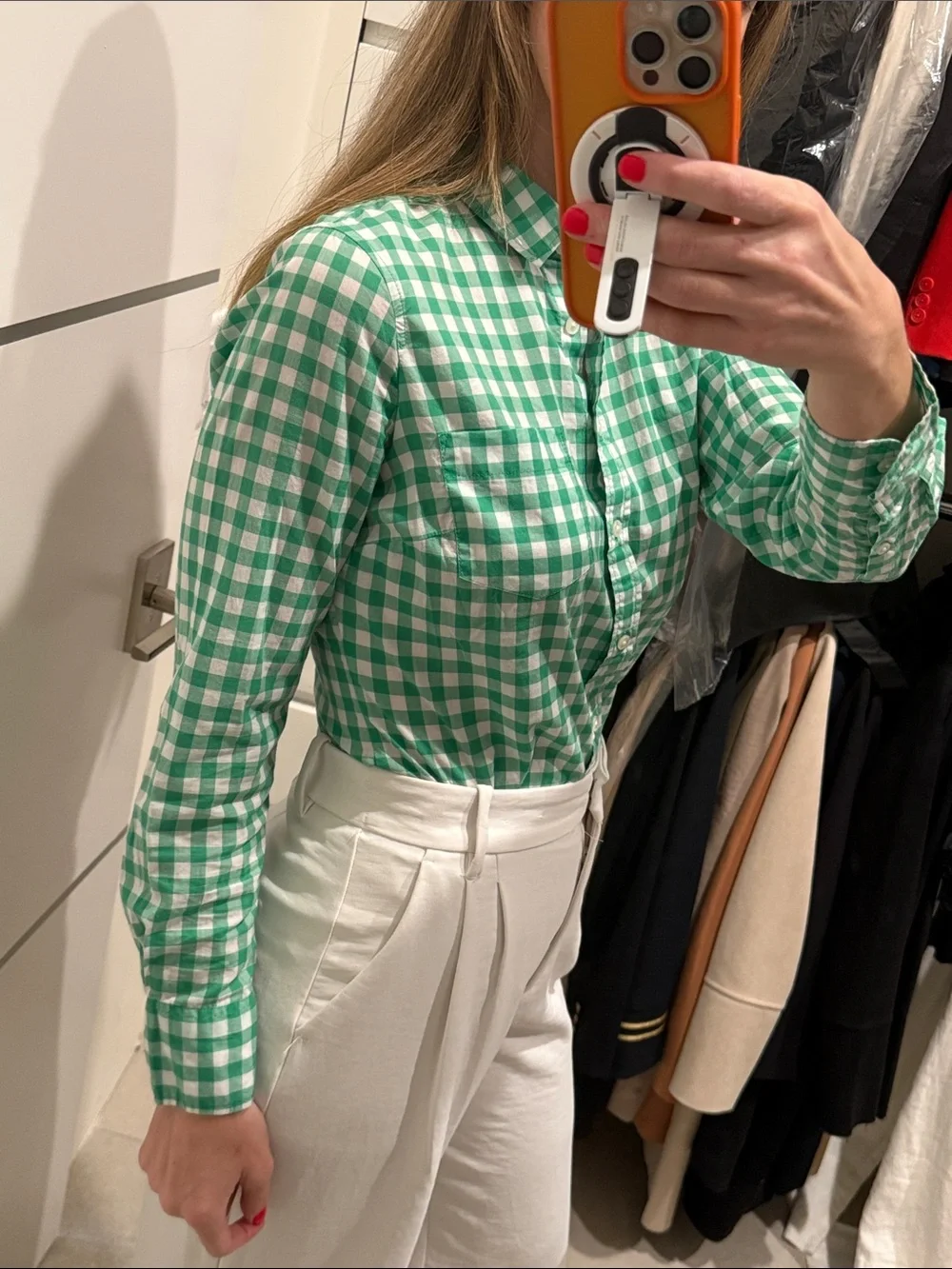 J.Crew cotton, green and white gingham button down XS